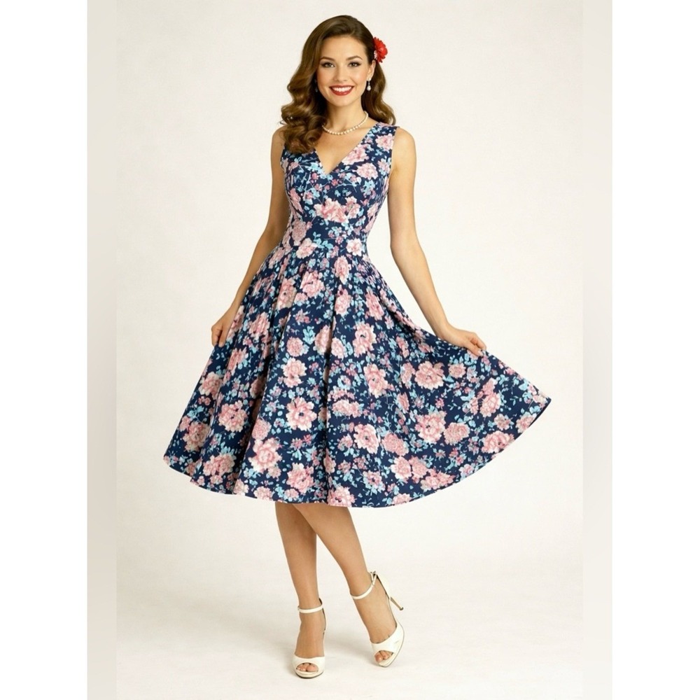 DIVA DOLLZ Fit & Flare Floral Cotton Dress M Retro Pinup Cottagecore Boho Navy